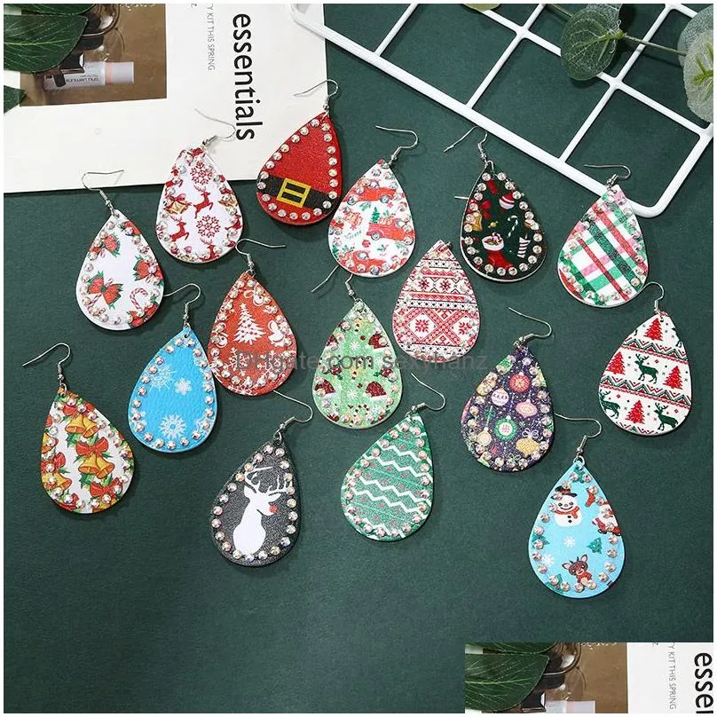  fashion snowflake deer printed leather earrings creative diamond waterdrop girls womens christmas earring jewelry