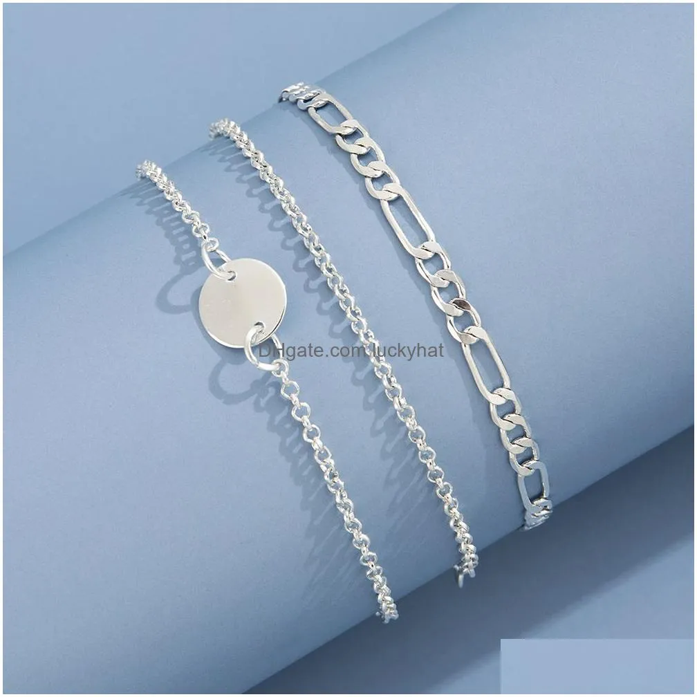 3pcs 925 Silver Figaro Chains Disc Charm Bracelets European American Fashion twist chain Bracelet Jewelry Set for Women and Men Factory Price