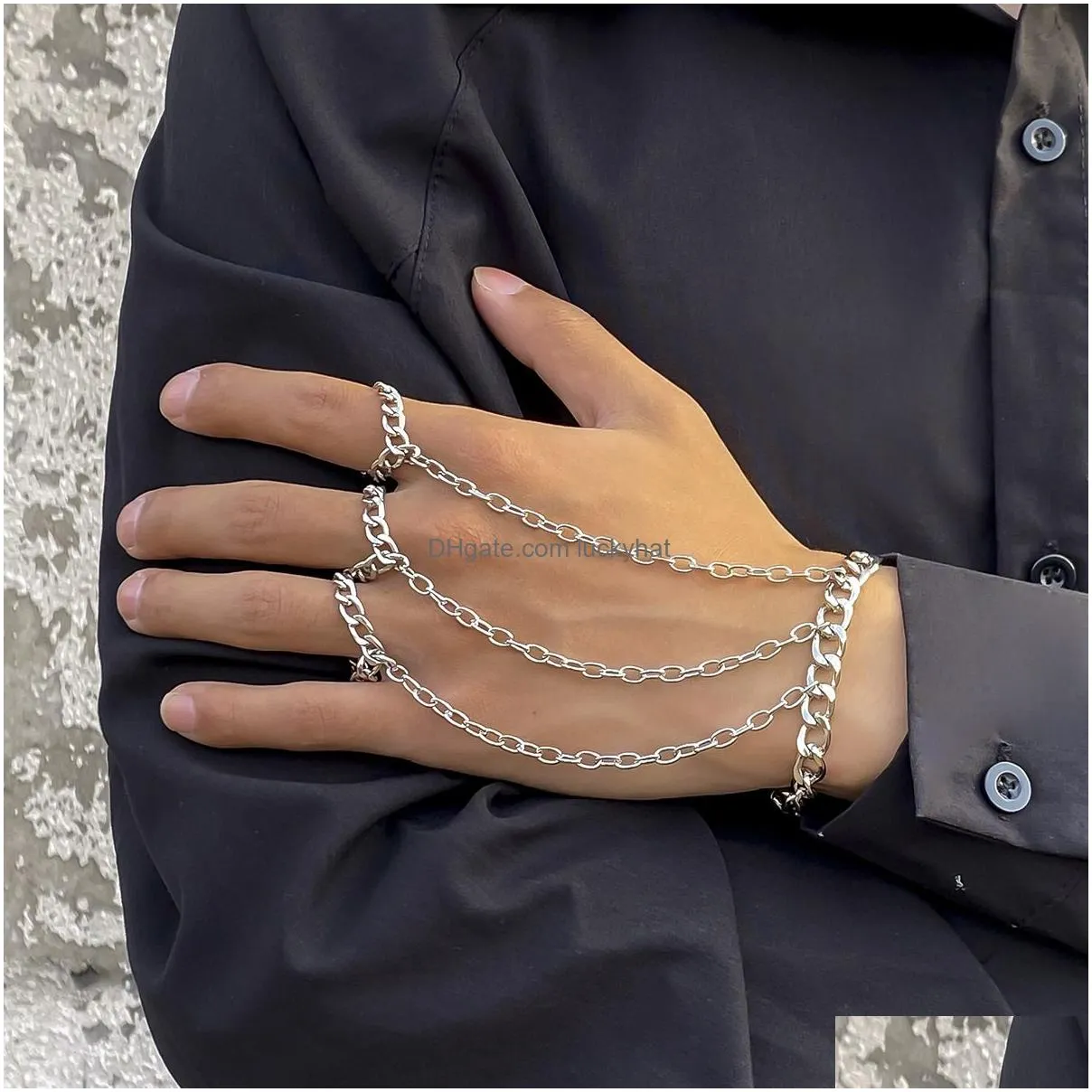 Cool Silver Color Metal Bead Link Chain Men Wrist Bracelet For Women Punk Fashion Geometric Ring Jewelry Personality Gifts