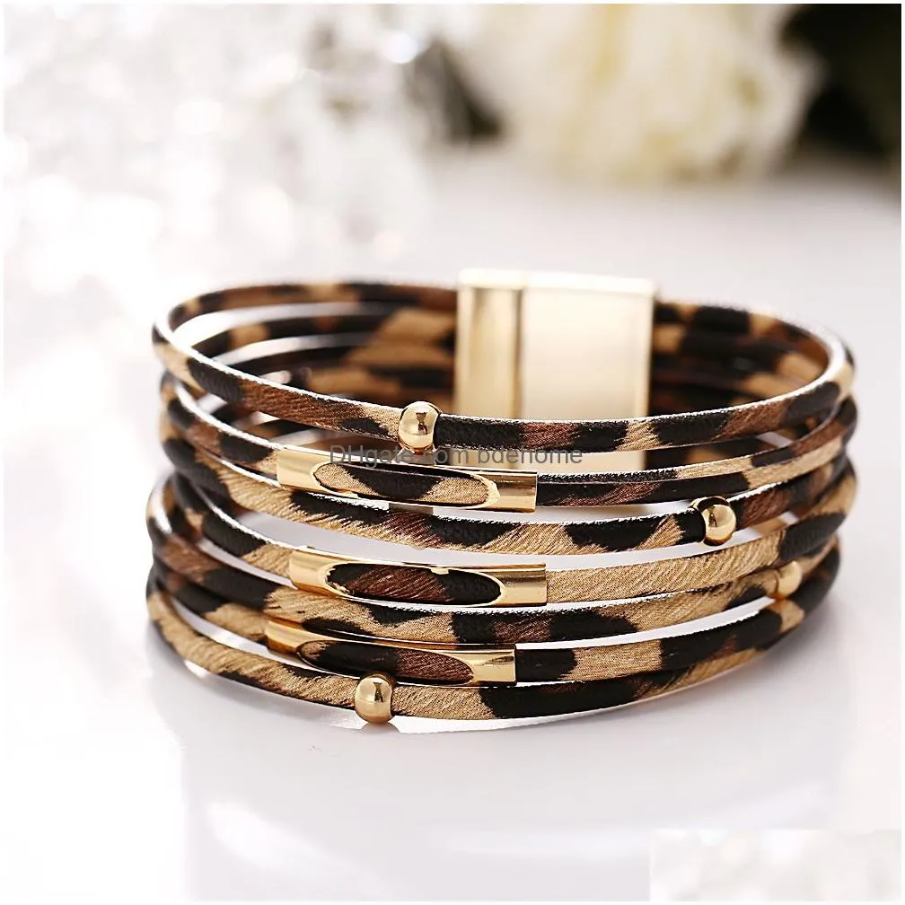 Womens Ancient Leopard Print Gold Metal magnetic buckle Cuff Bangle European Americam Fashion Leather Bracelet Jewelry Wholesale