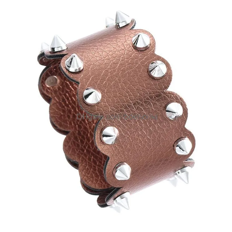 Bracelet Jewelry Men Women Silver Gold Metal Color Statement Leather Bracelet Personality Punk Rivet Adjustable Wide Cuff Bracelet