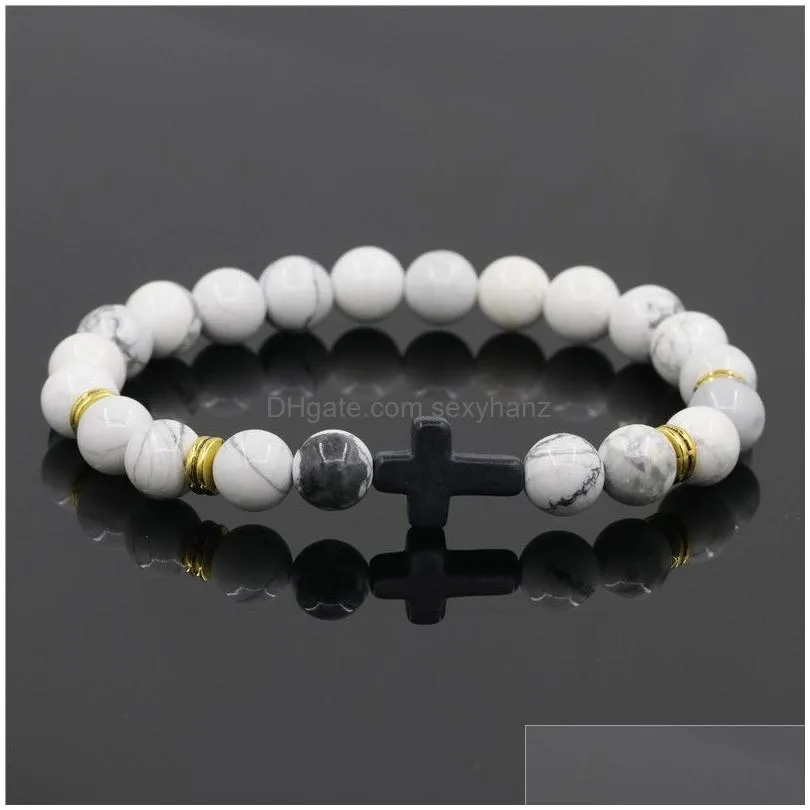 personality white turquoise volcanic rocks tigerss eye bead bracelet men womens natural gemstone cross charms stackable bracelet