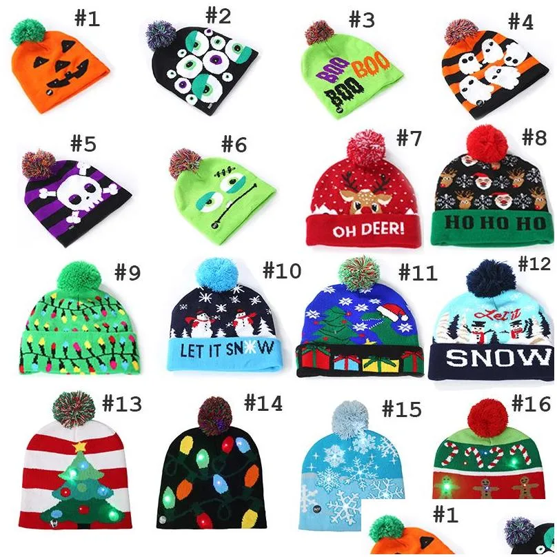 16 style led christmas halloween knitted hats kids baby moms winter warm beanies cloghet caps for pumpkin snowmen festival party decor