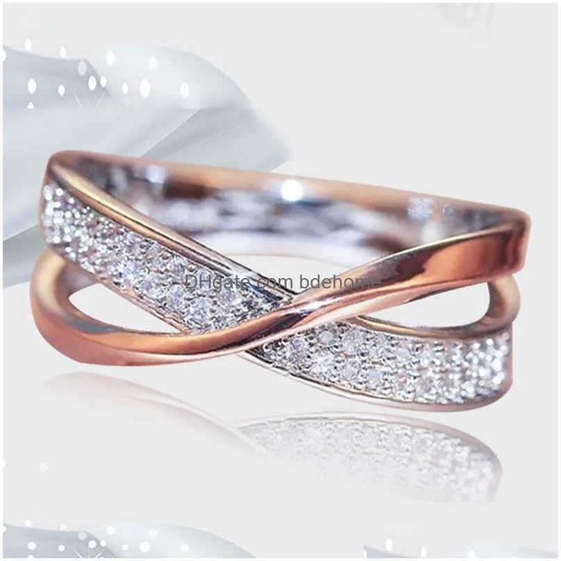 Hot Selling Elegant Cross Ring With Stones Creative Rosegold Silver Double Color Diamond Ring Womens Wed Anniversary Jewelry
