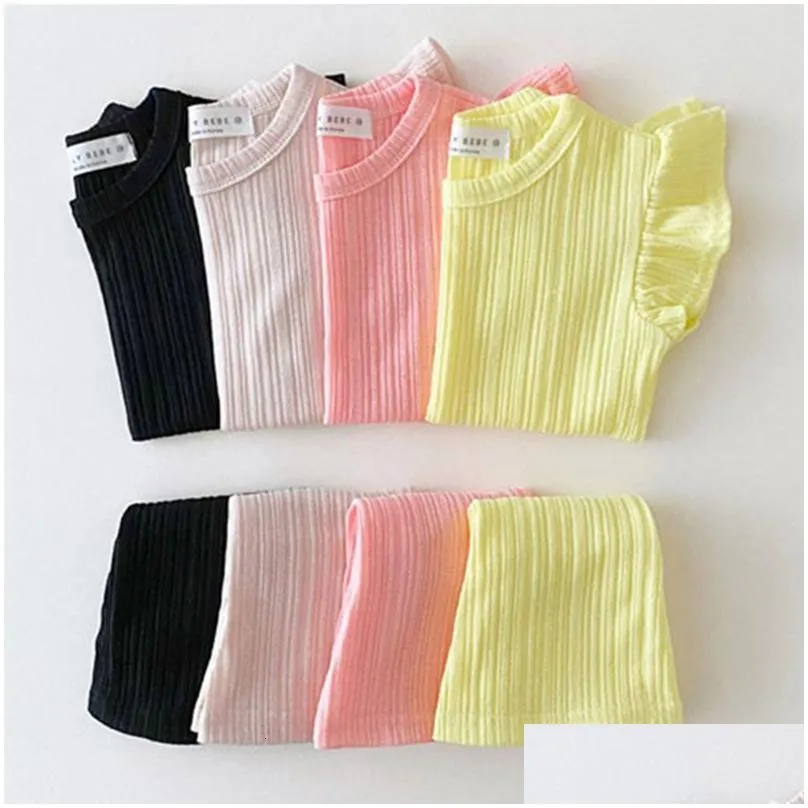 clothing sets 1 5yrs summer kids baby boys girls cotton flying sleeve t shirt bell bottoms set children clothes candy color 230420
