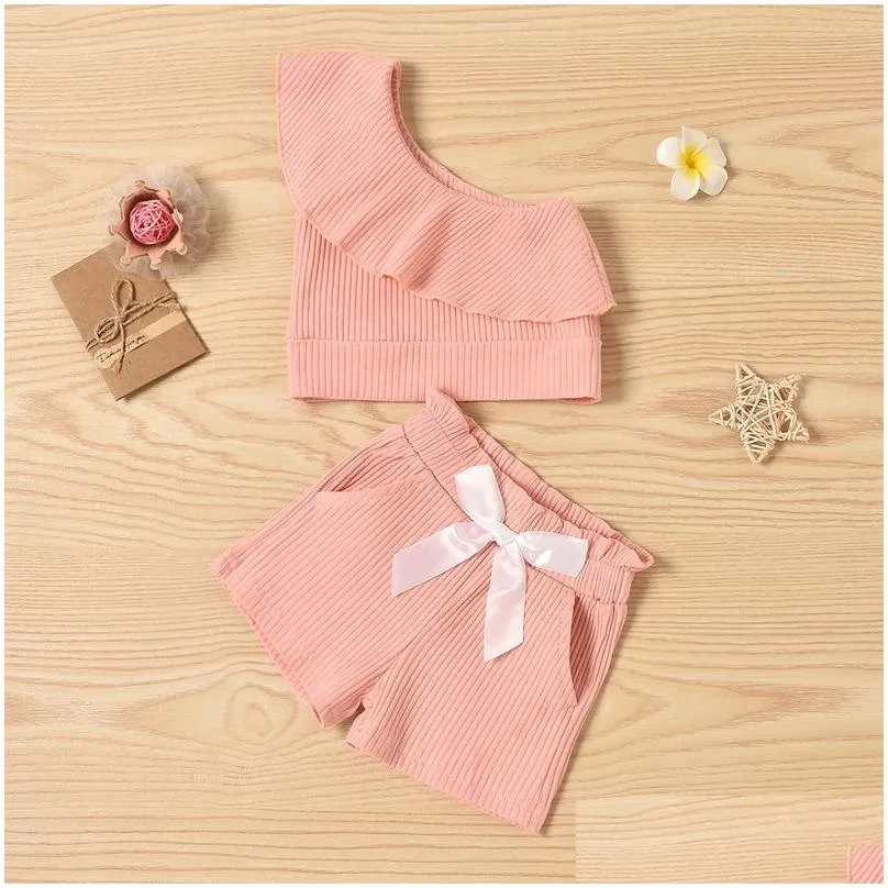 baby summer clothing girl two piece set kid single shoulder crop tops shirt ripped denim shorts with pockets for children 220328