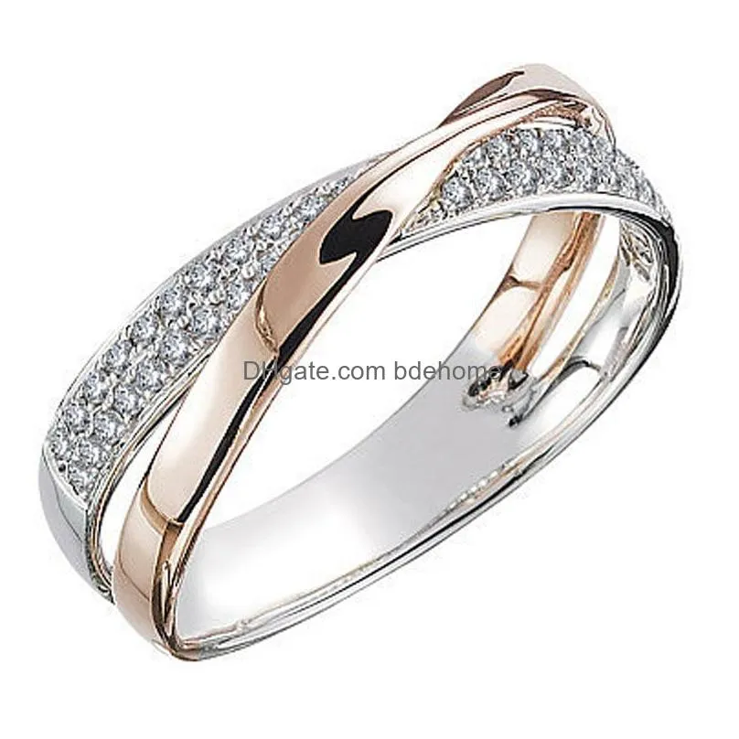 Hot Selling Elegant Cross Ring With Stones Creative Rosegold Silver Double Color Diamond Ring Womens Wed Anniversary Jewelry