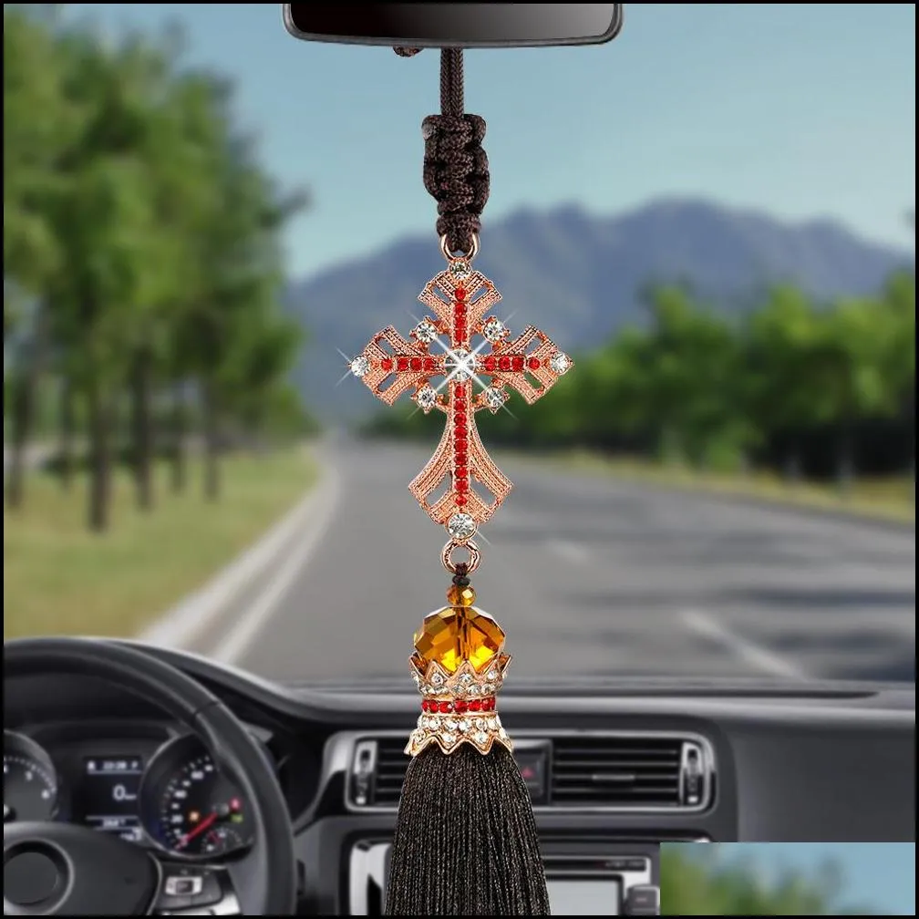 Car Pendant Crystal Diamond Jesus Cross Car Decoration Crucifix Automobile Rearview Mirror Christian Decor Hanging Accessories