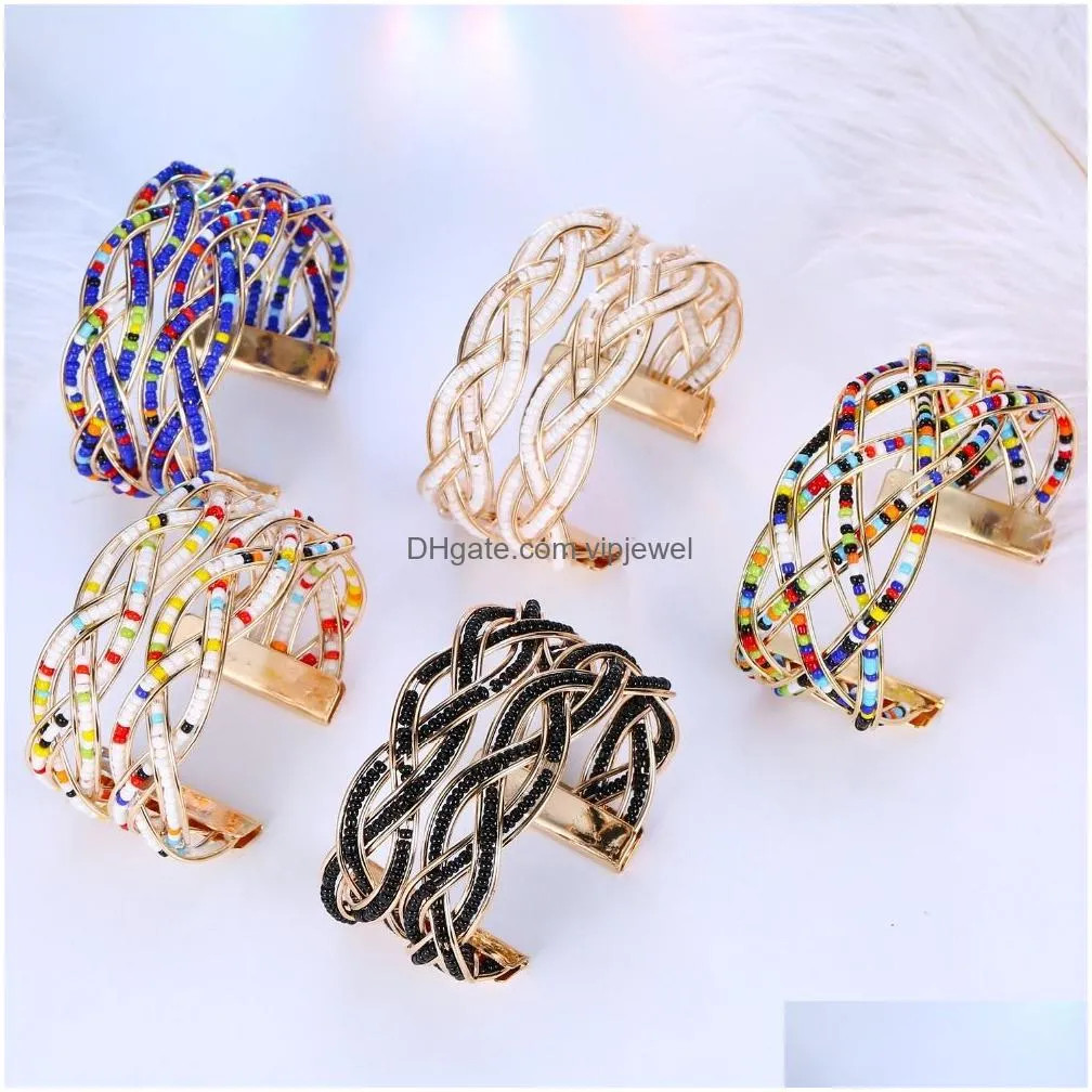  boho charm braided multicolor bead cuff bracelets 35mm wide bangle for women 18k gold plated beaded jewelry