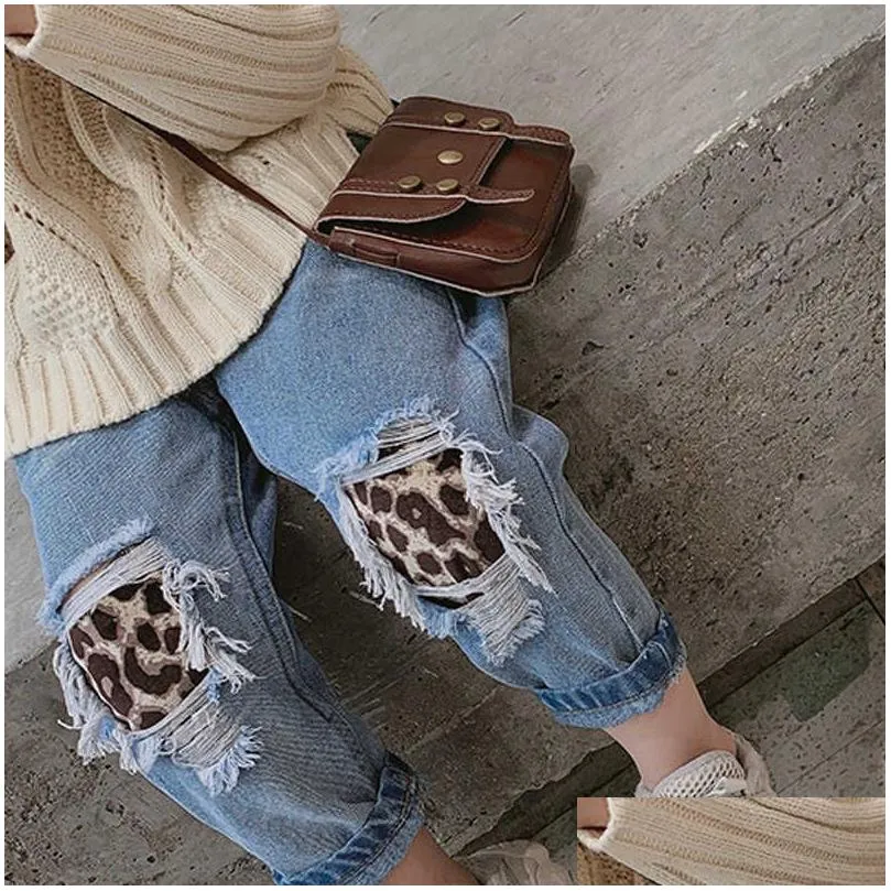 bear leader girls pants spring autumn kids leopard jeans ripped hole pants broken denim trousers children boy girl 3 7y 210708