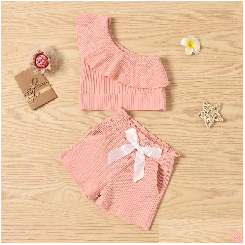 baby summer clothing girl two piece set kid single shoulder crop tops shirt ripped denim shorts with pockets for children 220328