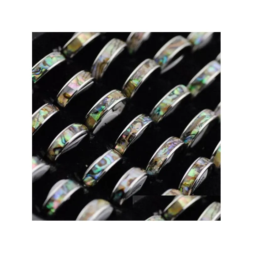 36pcs natural shellfish abalone shell inlay 316l stainless steel quality rings 6mm width retro wedding engagement pupular ring wholesale