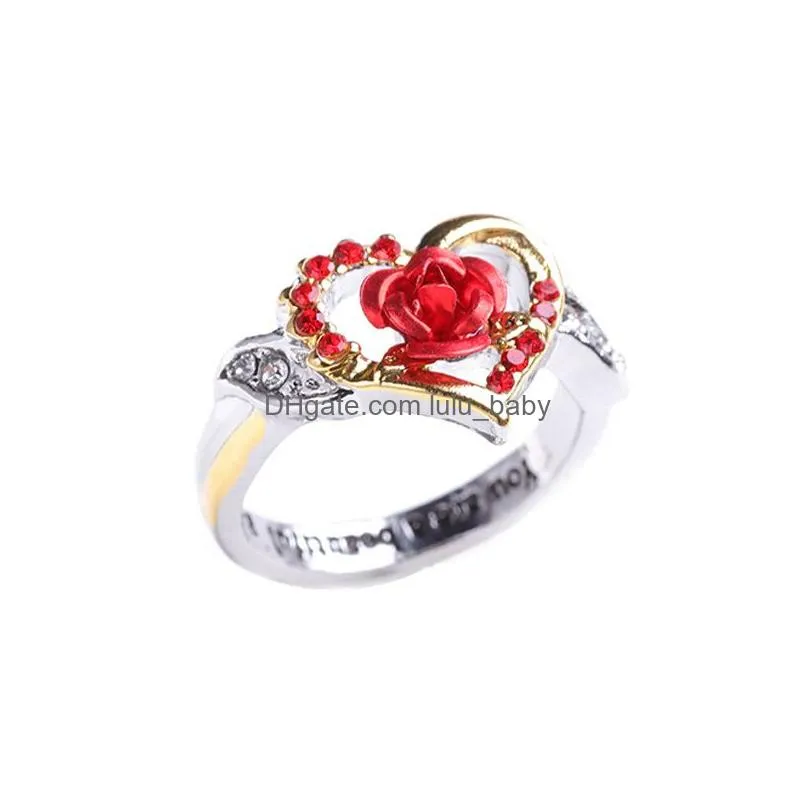  fashion silver gold two tone love heart ring you are a beautiful girl red rose lover ring valentines day jewelry gifts