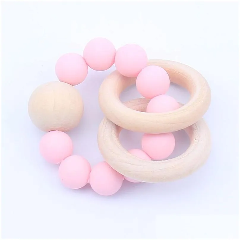 baby teether rings set food grade beech wood teething ring soothers chew toys shower play round wooden bead silicone teethers m1427