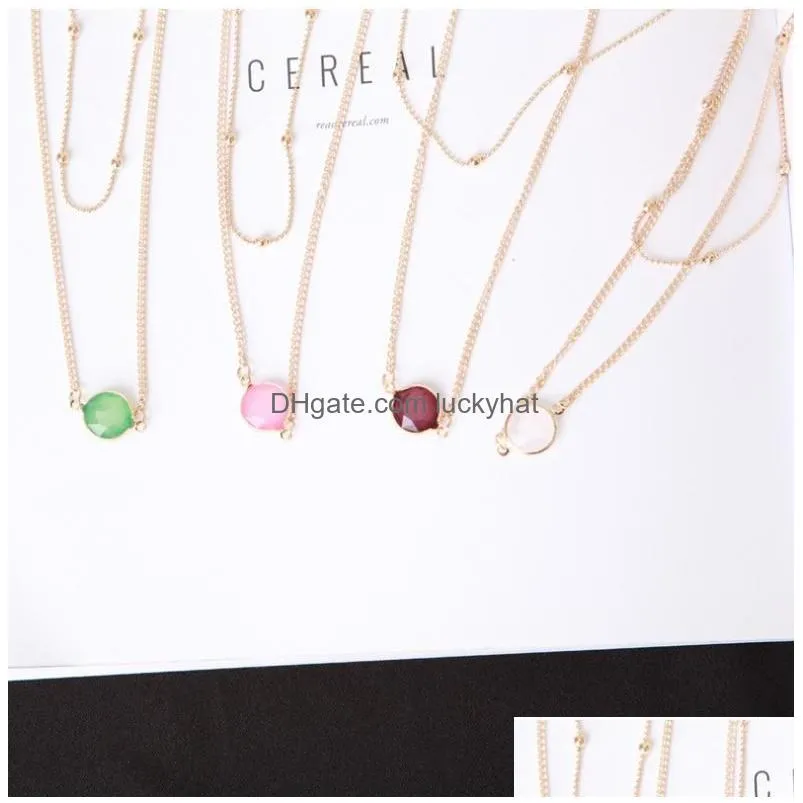 Necklace Jewelry Gold Gemstone Round Pendants Double layer Chocker Necklace Pink White Green Healing Crystals Necklace for Women Girls