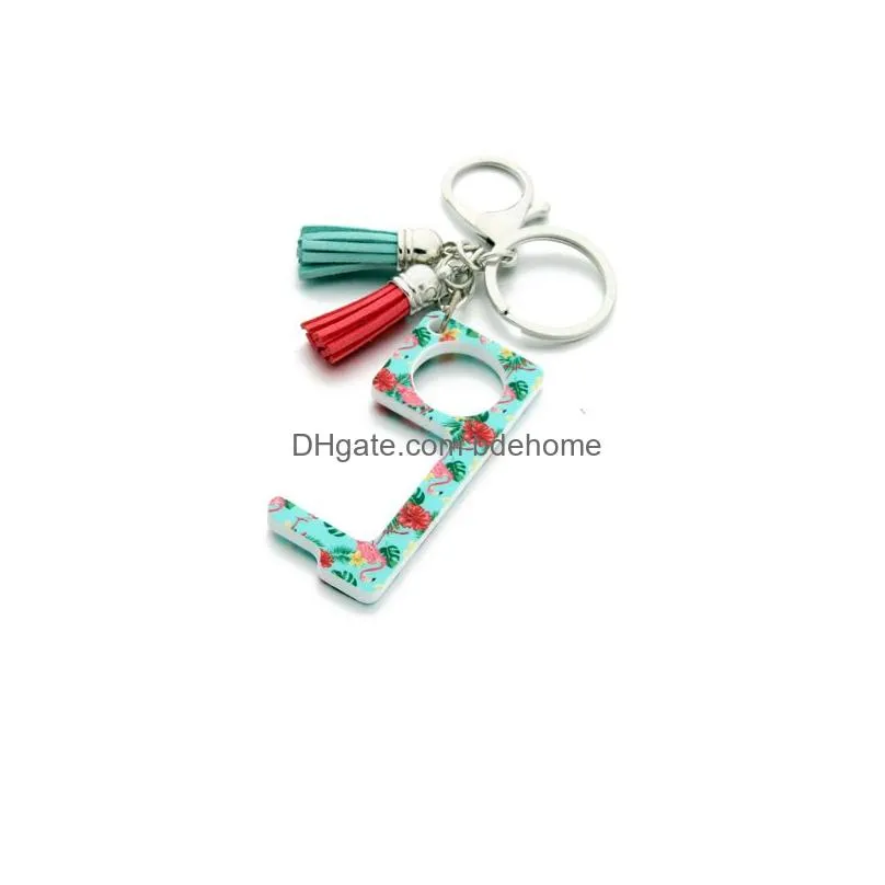 Keychain Contactless Door Opener Key Rings Touch Free Puller Pusher-Keep Hands Clean Tassel Keyring Cute Pattern Print Prevention Tool