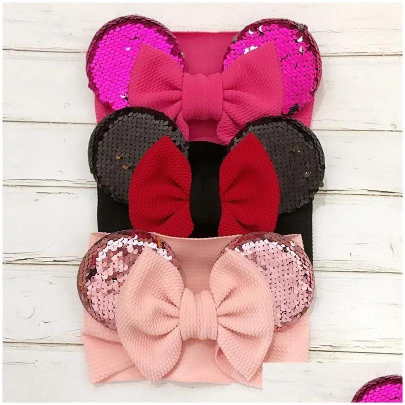 baby girls sequin bow designer headbands nylon turban infant elastic mouse ears hairbands children headwear kids hair accessories