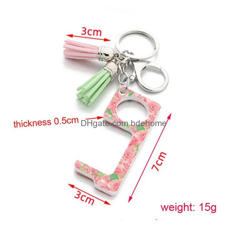 Keychain Contactless Door Opener Key Rings Touch Free Puller Pusher-Keep Hands Clean Tassel Keyring Cute Pattern Print Prevention Tool