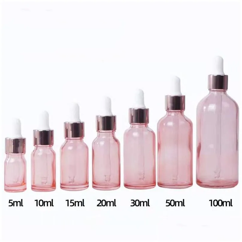 wholesale 5ml 10ml 15ml 20ml 30ml 50ml 100ml multi-szie glass pink dropper bottle  oil bottle pink body rose gold lid cosmetic