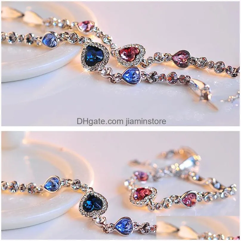 Luxury Sparkly Diamond Bracelet Classic Heart of The Ocean Romantic 925 Silver Love Heart Aquamarine Bracelet Bridal Jewelry 22cm