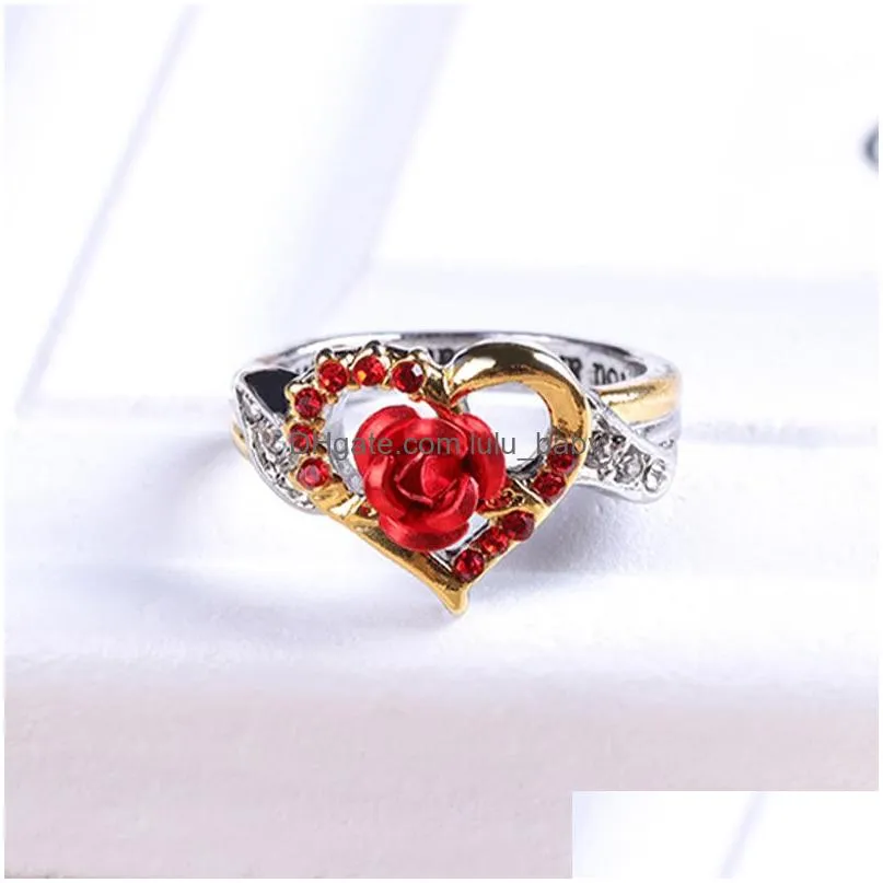  fashion silver gold two tone love heart ring you are a beautiful girl red rose lover ring valentines day jewelry gifts