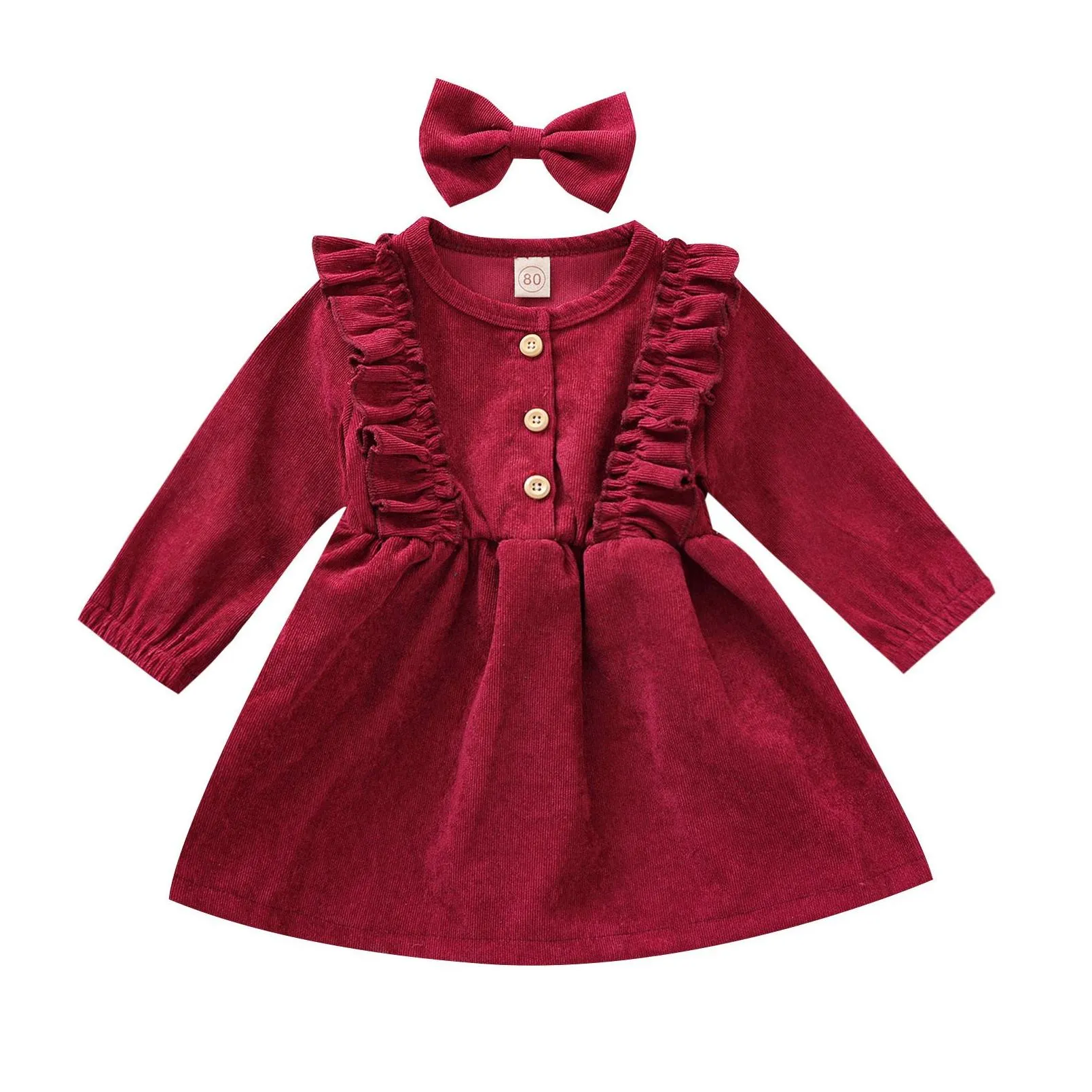 girls dresses citgeett spring autumn infant baby headband 2pcs solid ruffles long sleeve bowknot button aline 221107