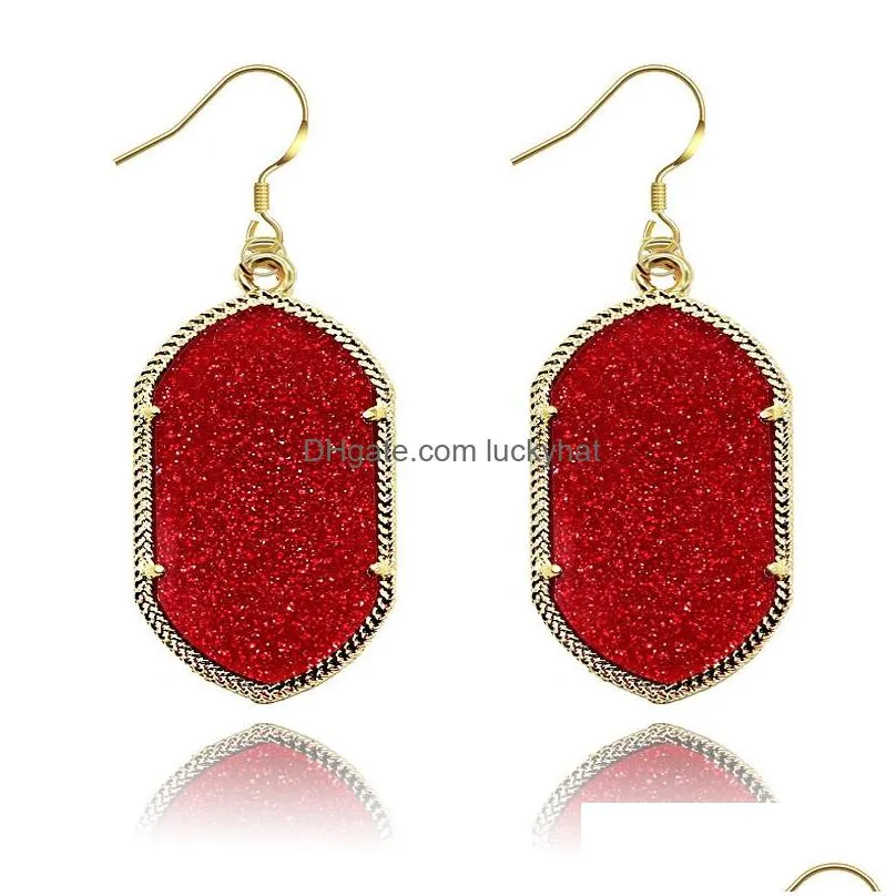 Fashion Jewelry Woman Drusy Dangle Earring Fashion Silver Gold Bling Hexago Resin stone Stud Earrings