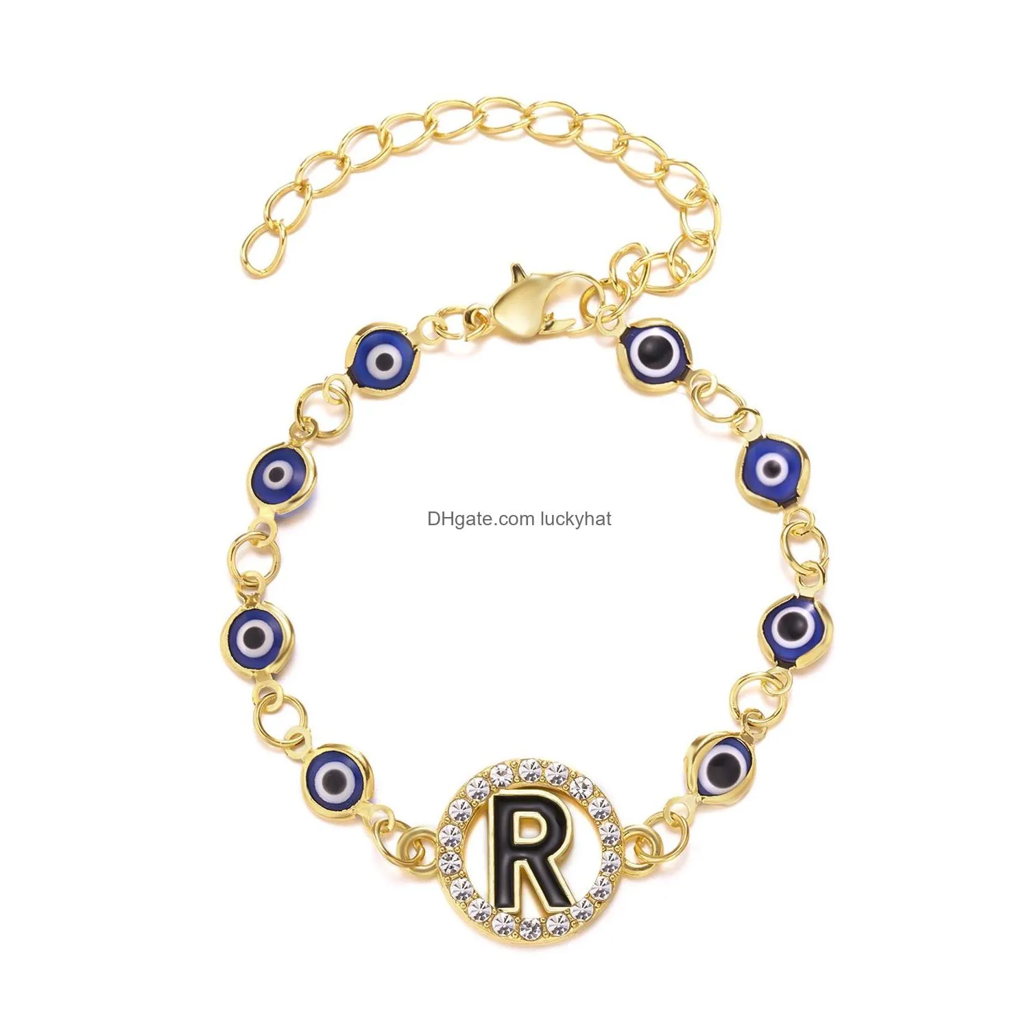 Trendy A-Z Letter Lucky Blue Eyes Identification Charm Bracelet Female Fashion Turkish Evil Eye Bracelets Shiny Rhinestone Luxury Jewelry