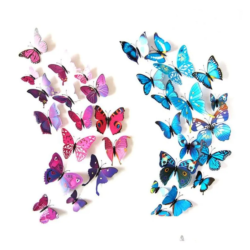 12pcs/lot 3d butterfly wall sticker magnet fridge cartoon stickers 3d butterflies pin pvc removable wall party home cloth decors c6868