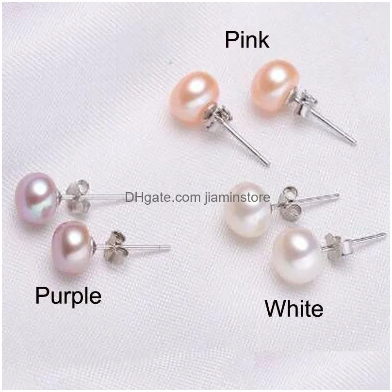 High quality 100% 925 Sterling Silver 6-7MM Round Pearls Earrings 3colors white Pink Purple Freshwater Pearl jewelry Cheap wholesale