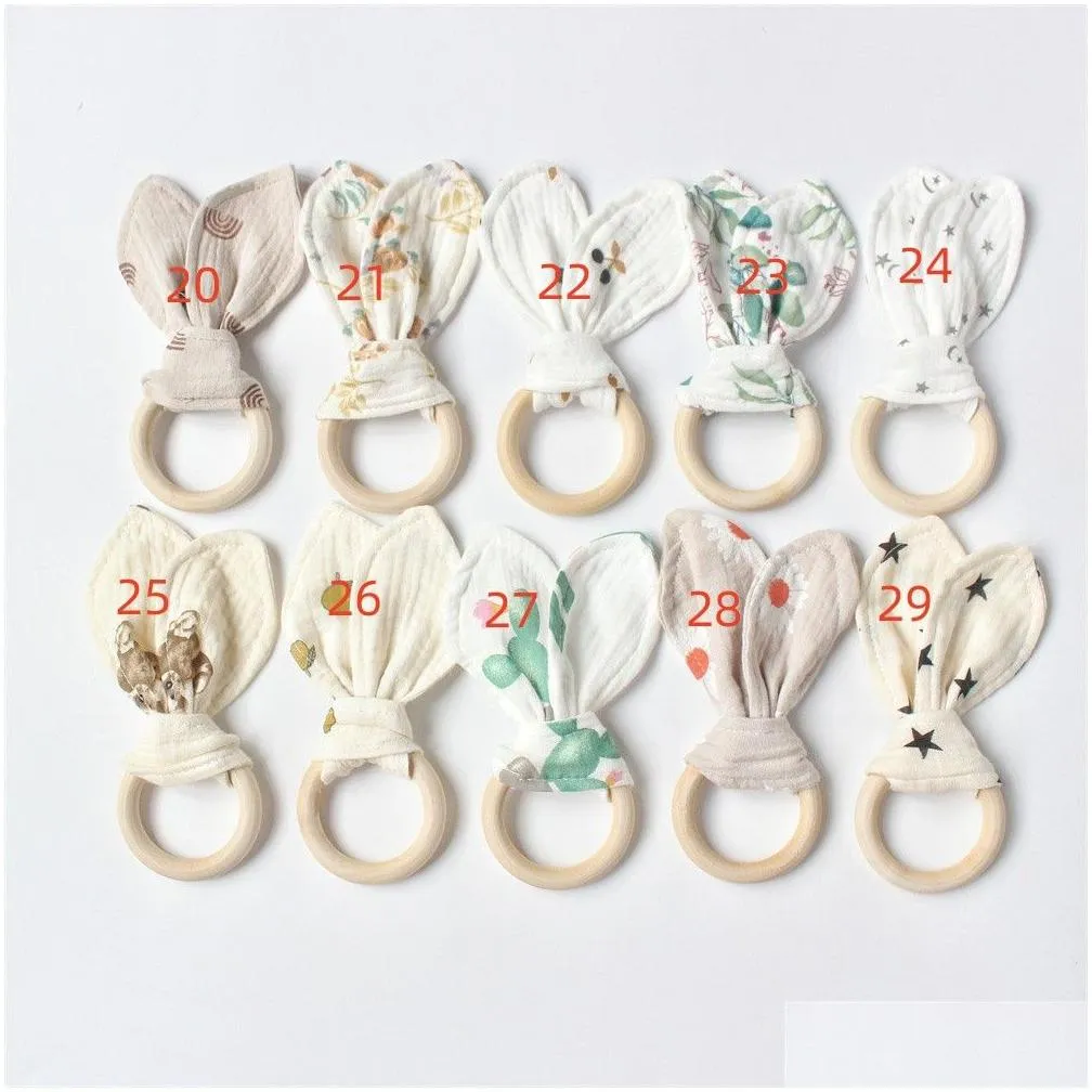 29 colors bunny ear teether fabric wooden teething ring with crinkle material shower gift