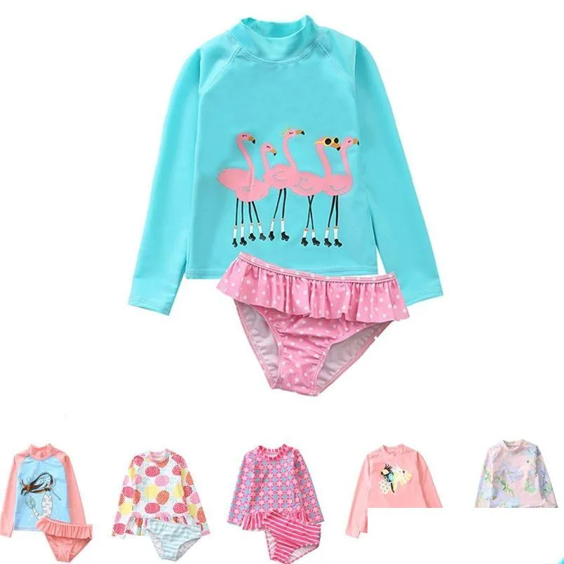 flamingo swimsuit set girls 2 piece sun protection rash guard kids girl beach long sleeve swim shirt and shorts 220722