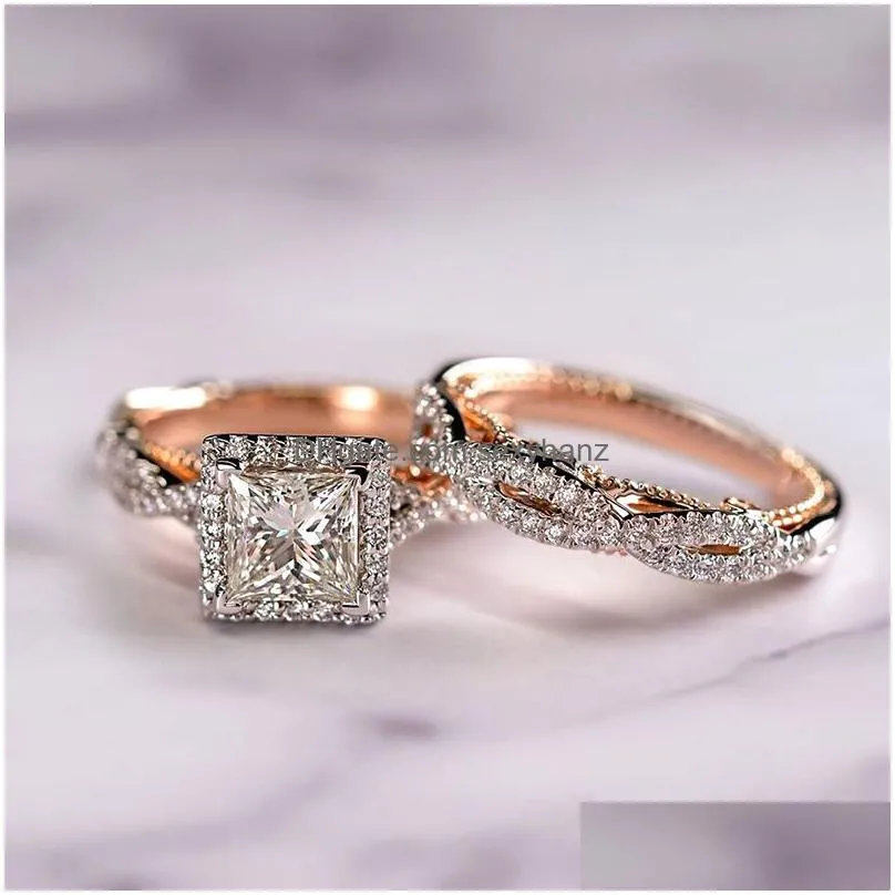 classic men women diamond ring with side stones fashion rosegold stackable couple rings for women wedding engagement jewelry