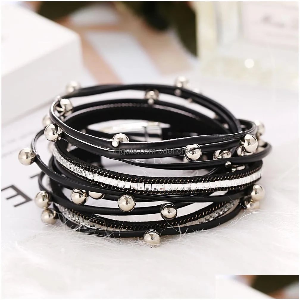 New Gold Leather Wrap Bracelets For Women Red Sliver Color Multiple Layers Charm Bracelet & Bangle Party Mens Fashion Jewelry