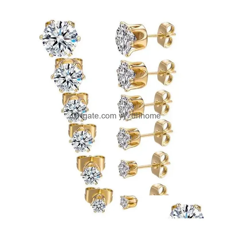 6 pairs round zircon diamond stud earrings stainless steel minimalist simple stone 3-8mm cz earrings for women men unisex