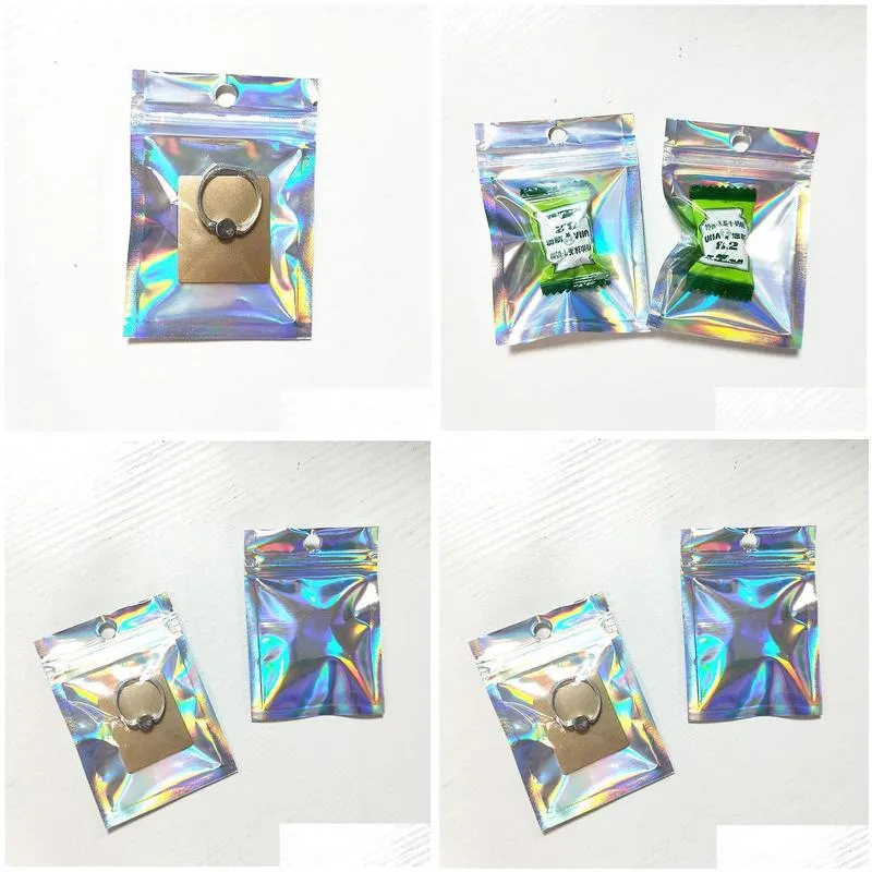 wholesale 7x10cm Small Gift Hologram Packaging Plastic Bags with Hanger Hole Flat Bottom Zip Lock Sealing Packing Bags