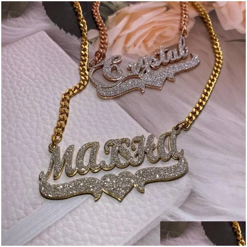 Personalized Name Necklace Custom Bling Name Necklaces Gold Stainless Steel Cuban Chain Choker for Women Necklace Jewelry Gift 220818