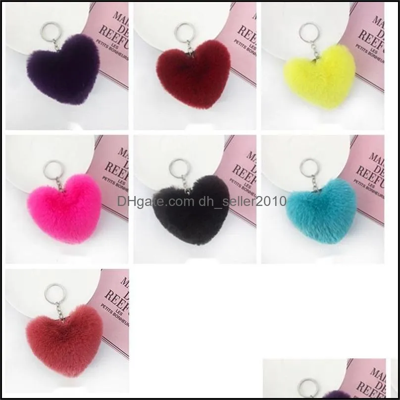 Faux Soft Keyrings Rabbit Pom Pom Heart Keychain Alloy Key Ring Fluffy Fur Ball Keychains Women Bag Cell Phone Car Charm Pendant