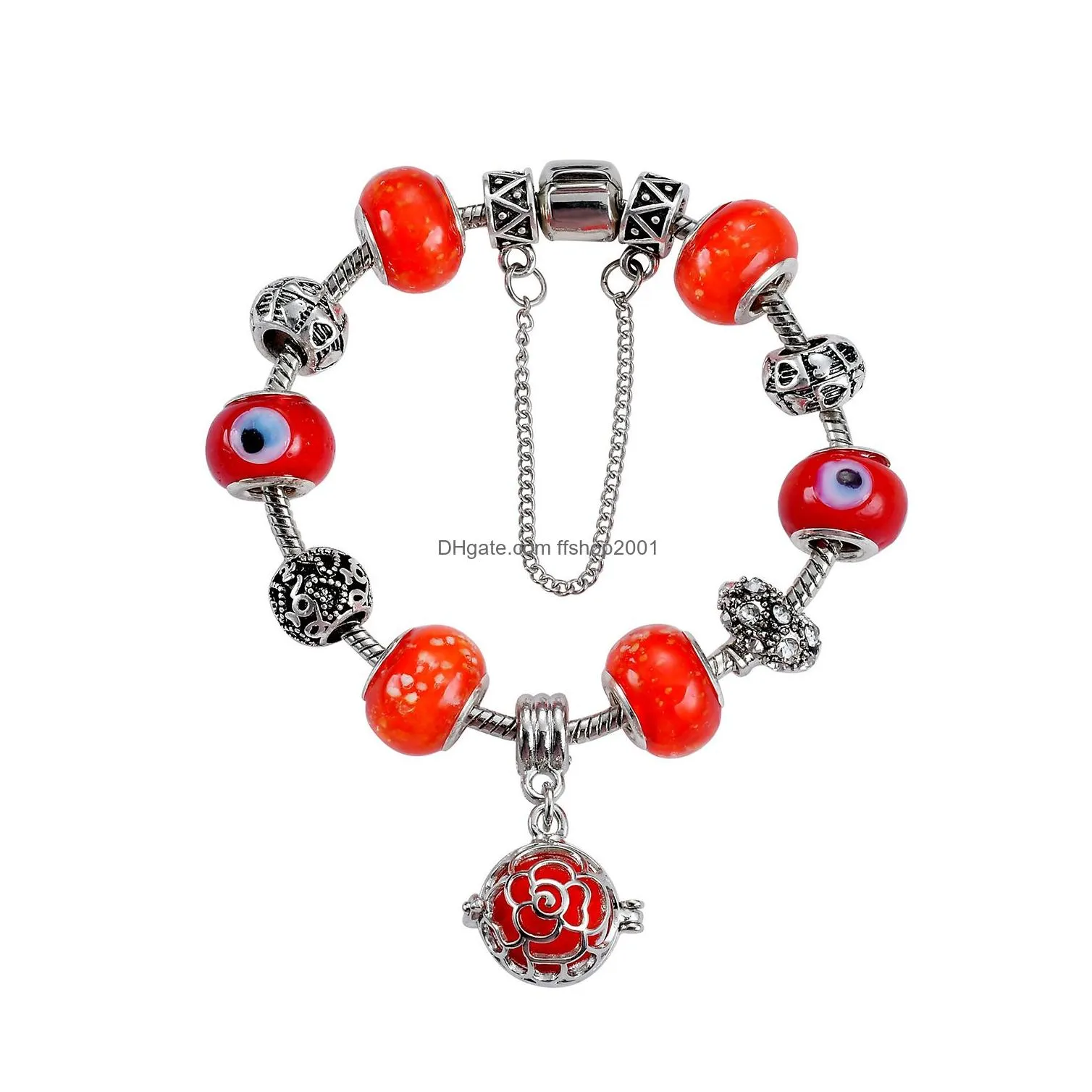 antique silver plated charm bracelets european big hole evil eye charms glass beads perfume locket dangle charms for women girls