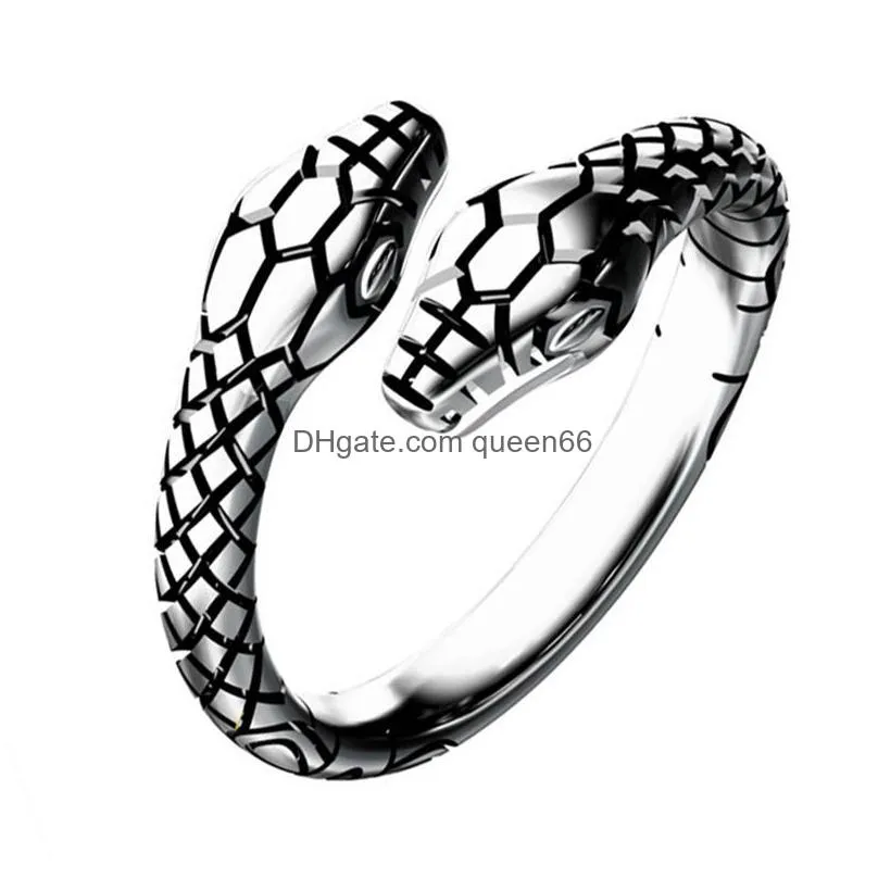 Vintage Men Women`s Opening Resizable Double Head Snake Rings 925 Silver Punk Hip Hop Jewelry Rap Rock Culture Animals Shape Ring