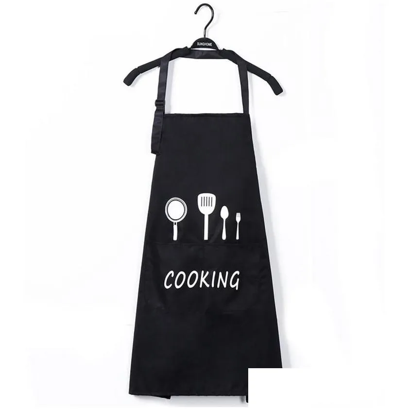 Aprons with Front Big Pocket Waterproof Oil Proof Kitchen Knife Fork Print Apron Cooking Baking Household Cleaning Tools Home Textiles