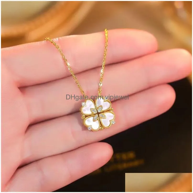 foldable korea gold plated pendant creative diamond jewelry 100% 925 sterling silver four leaf clover necklace for women girls