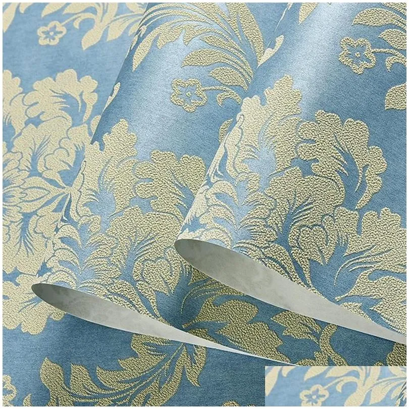 wallpapers luxury blue damask 3d stereoscopic embossed wallpaper non woven wall paper roll bedroom living room cover beige allcovering