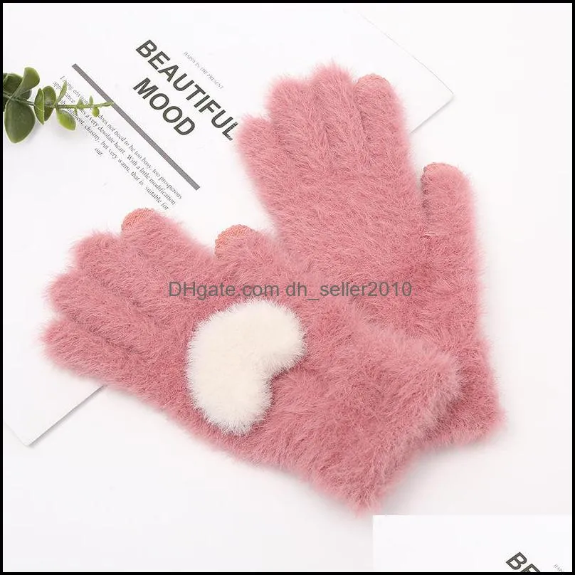 Child Five Fingers Glove Solid Color Heart Shape Pattern Design Children Gloves Winter Outdoor Keep Warm Proof Windy Students Mitts 6 8hl