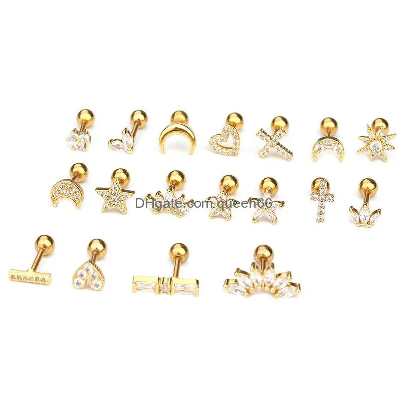 925 Silver Gold Wing Leaf Flower Butterfly Moon Star Stud Earrings Cute Korean Jewelry Huggies Diamond Earring