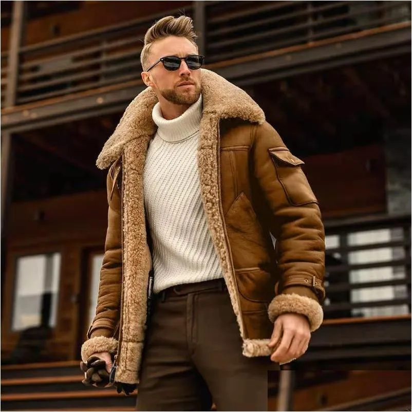 mens jackets winter men fleece collar motorcycle jacket one piece of fur casual outdoor thermal leather woolen coat male s-5xl