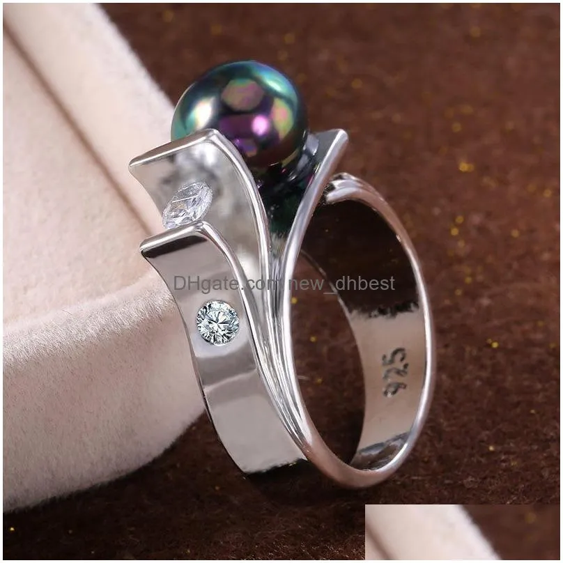 Hot Selling Elegant Peal Ring with Side Stones Creative Design 925 Engraved Silver Diamond Rings Womens Wed Anniversary Jewelry