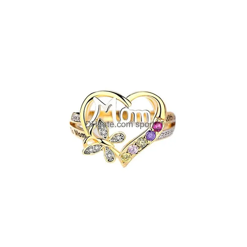  selling elegant gold filled mom ring with side stones colorful crystal love heart love mom ring mothers day gifts