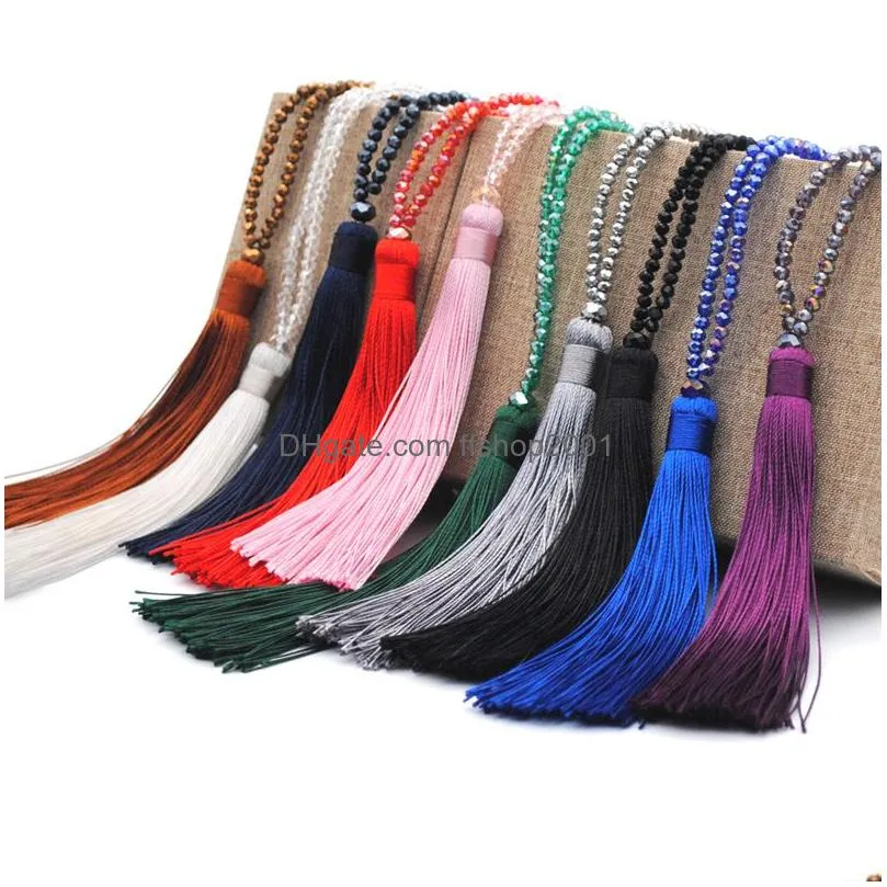 womens boheimian fashion long chain faced crystal bead necklace long tassel pendant sweater necklace bead jewelry