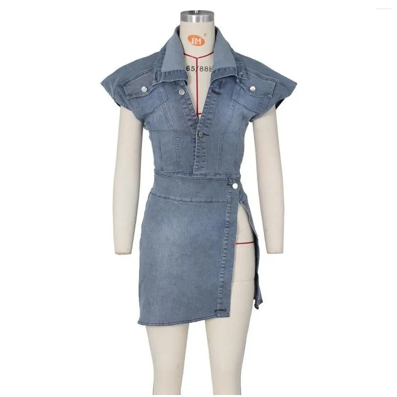 casual dresses denim jacket slit dress solid sexy mini jean blue sleeveless fashion skirt 2023 summer y2k clothing streetwear
